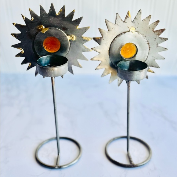 Vintage torch cut welded metal brutalist Sun votive candle holders - Picture 6 of 7